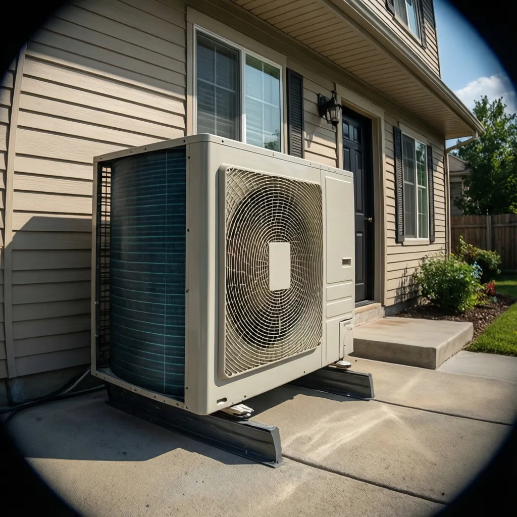 Outdoor central air conditioner condenser unit installed beside a modern house
