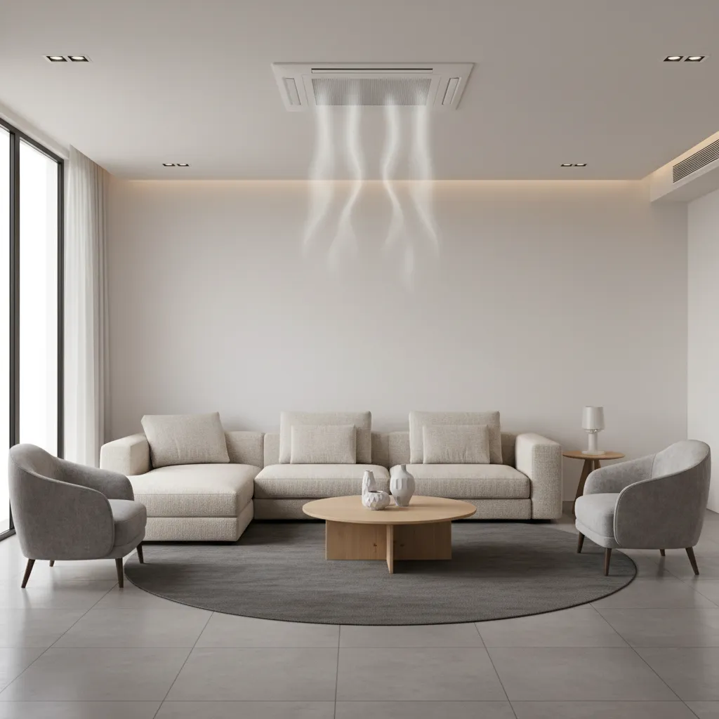 modern home interior ceiling vent delivering cooled air from central air conditioning system