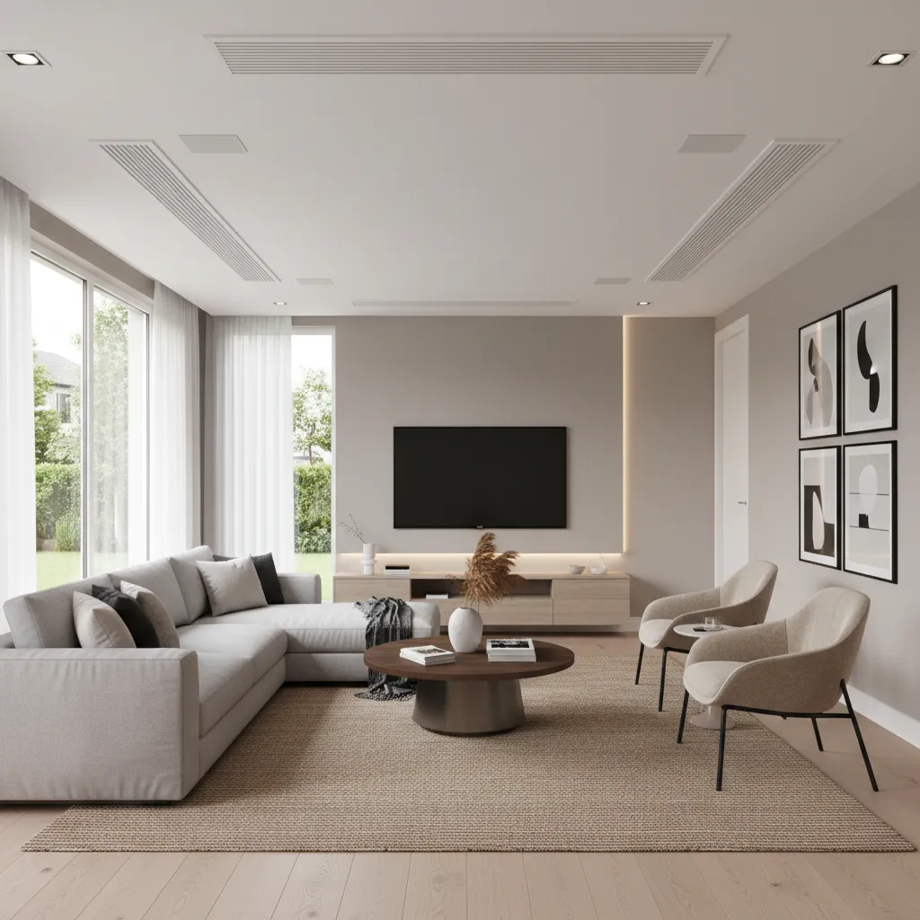 modern living room with central air conditioning vent and open layout typical of a 2000 sq ft house