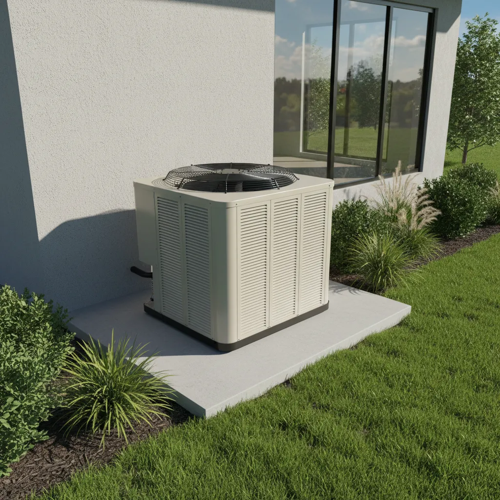 central air conditioner condenser unit beside residential home