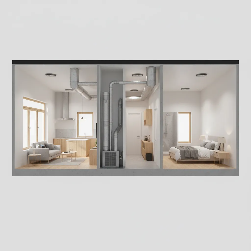 Residential duct layout system distributing airflow through multiple rooms