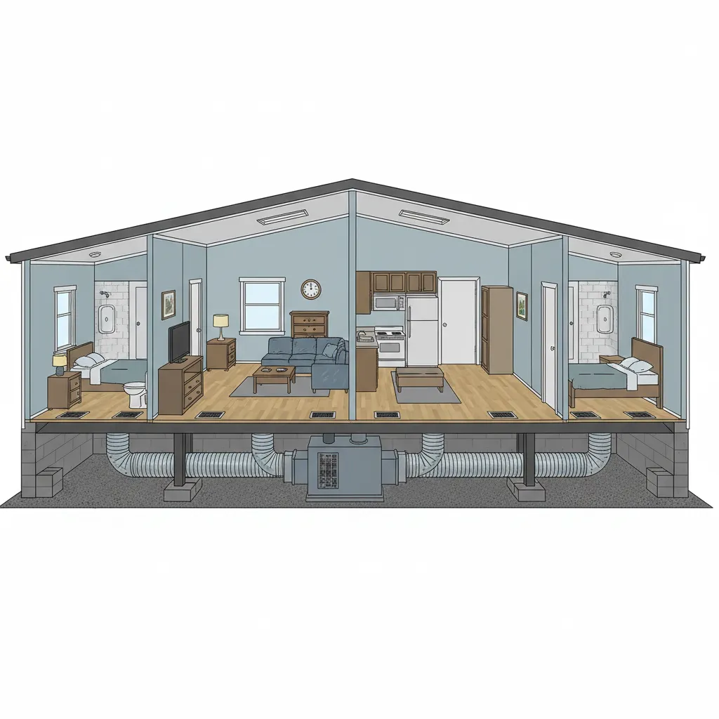 Diagram style view of central air duct layout in a double wide mobile home