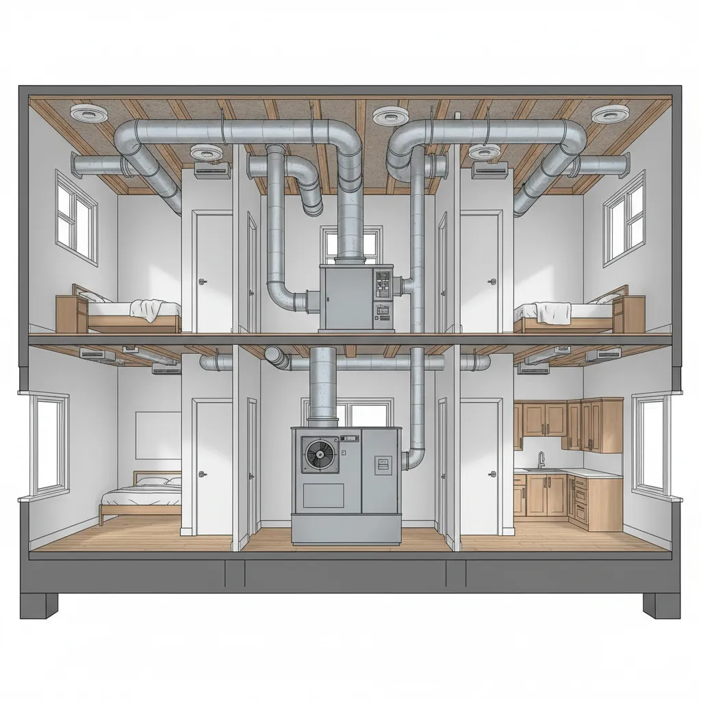 Residential central air conditioning duct system running through ceiling of modern home