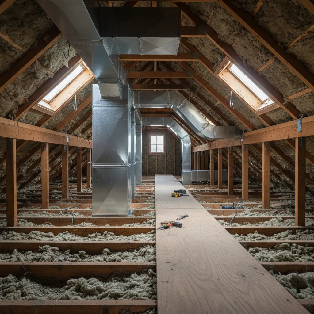 Residential central air ductwork installed through attic space