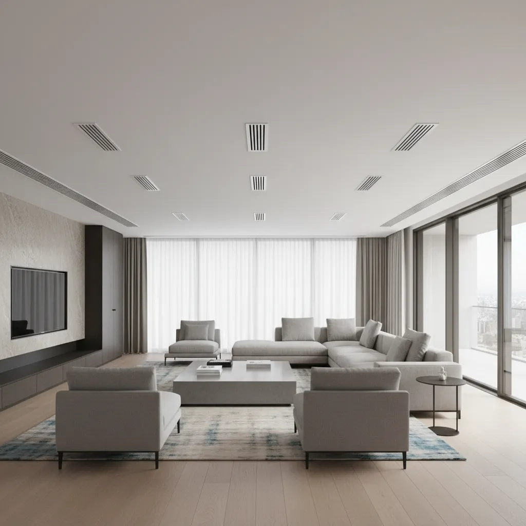 Modern home interior showing ceiling air vents connected to central air system
