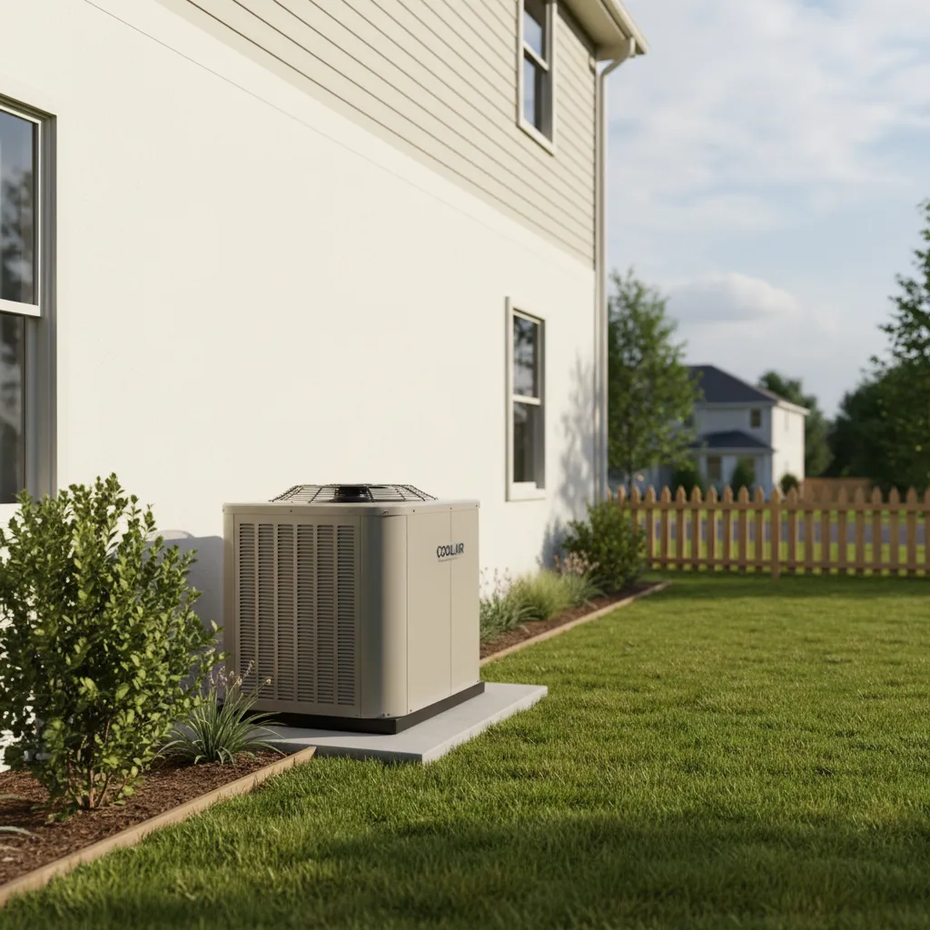 Outdoor condenser unit installed beside a small residential house