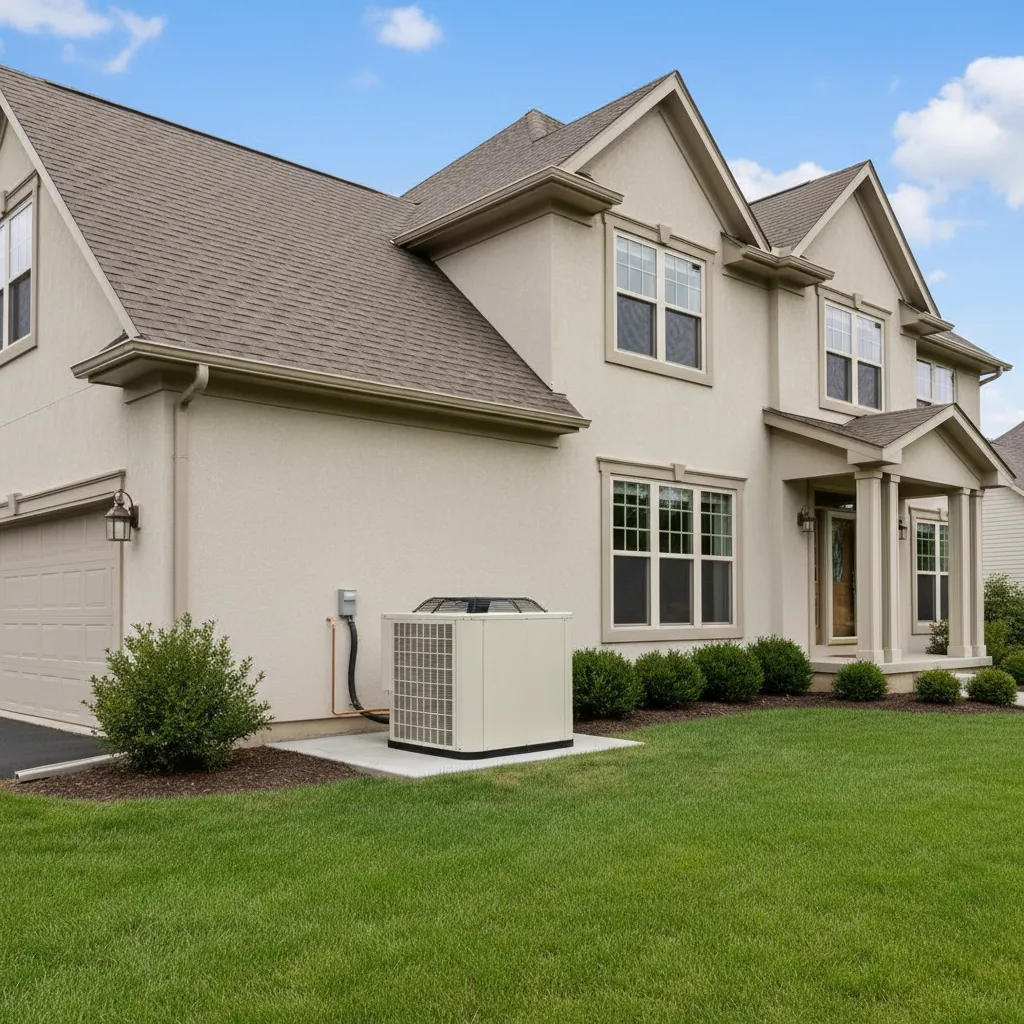 Outdoor central AC condenser next to a small residential house