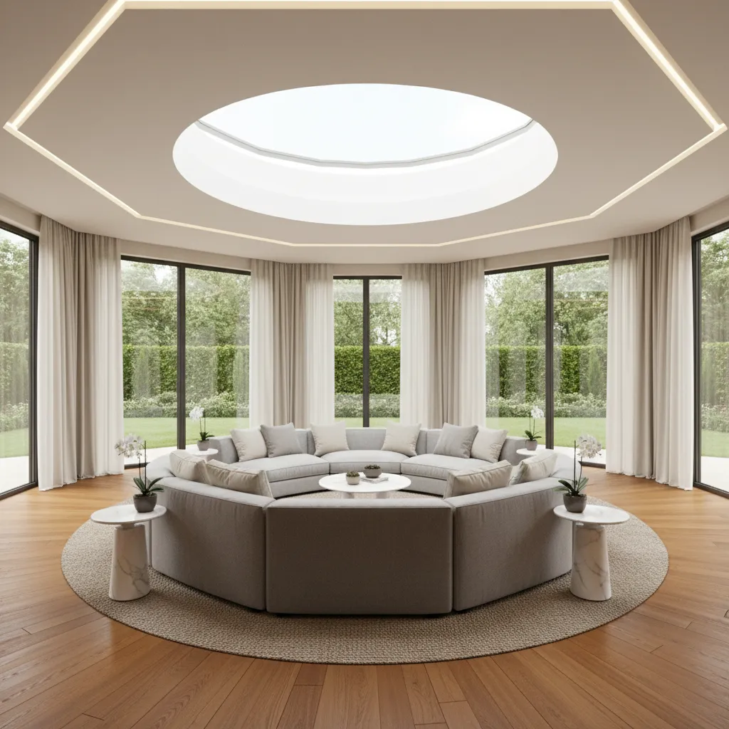 Central seating anchor in an octagon living room with skylight above