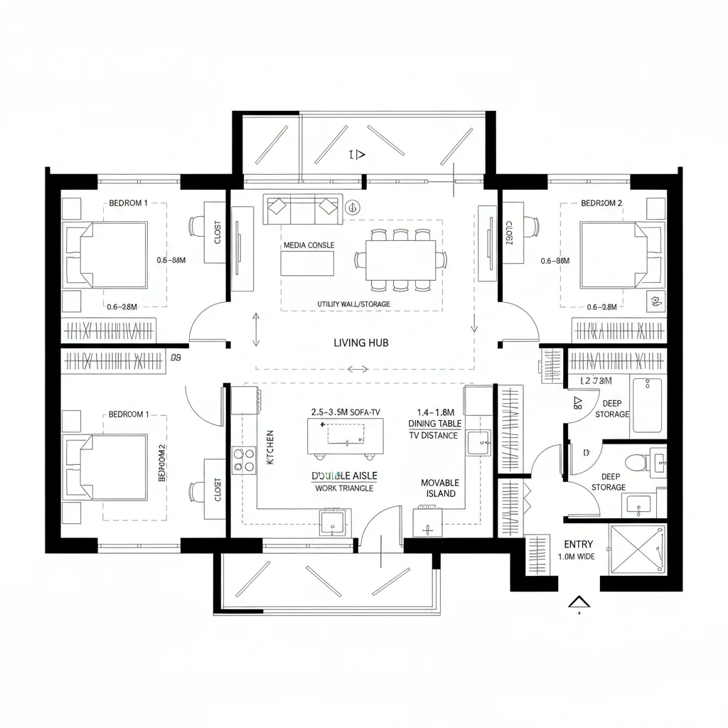 Two bedroom apartment floor plan with central living hub kitchen dining table and two large balconies