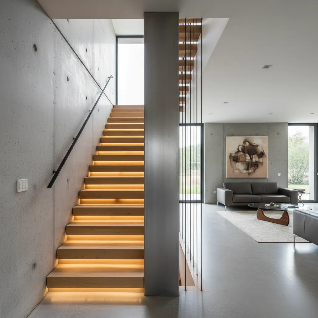 Modern wooden staircase with lights concrete wall grey sofa coffee table and large glass windows