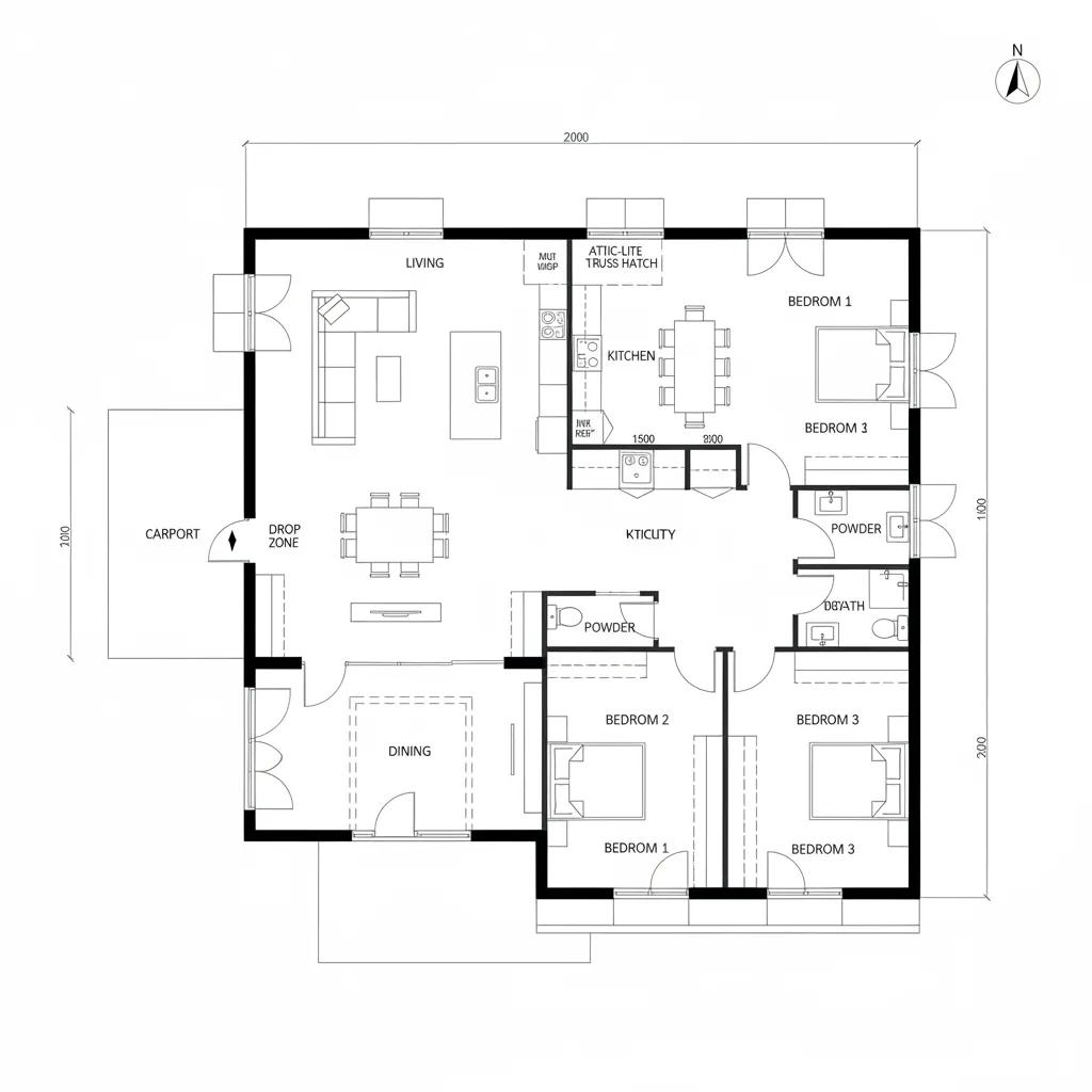 Clean black and white house floor plan showing living room dining area kitchen and three bedrooms