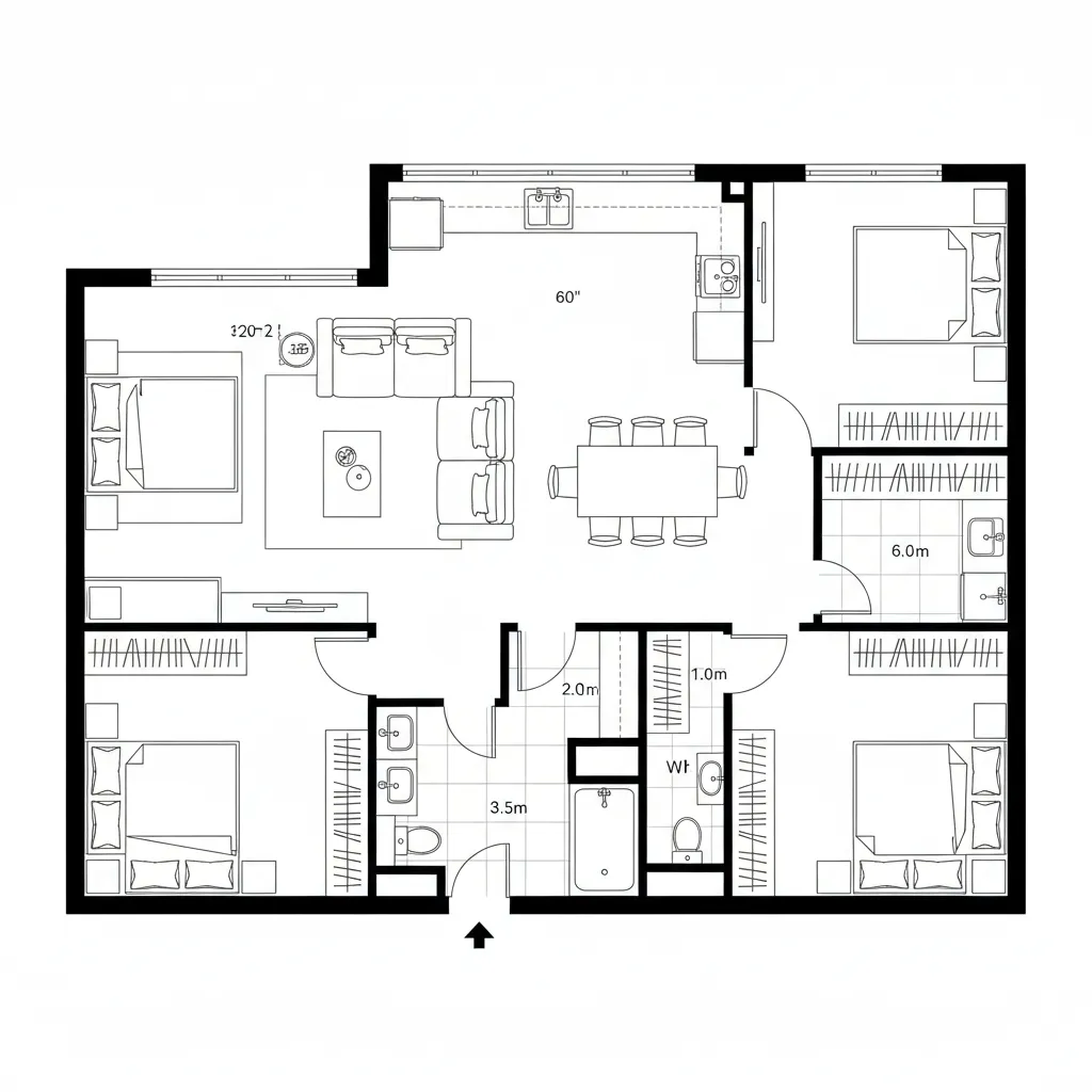 Large three bedroom apartment layout featuring an open living area kitchen dining space and bathrooms