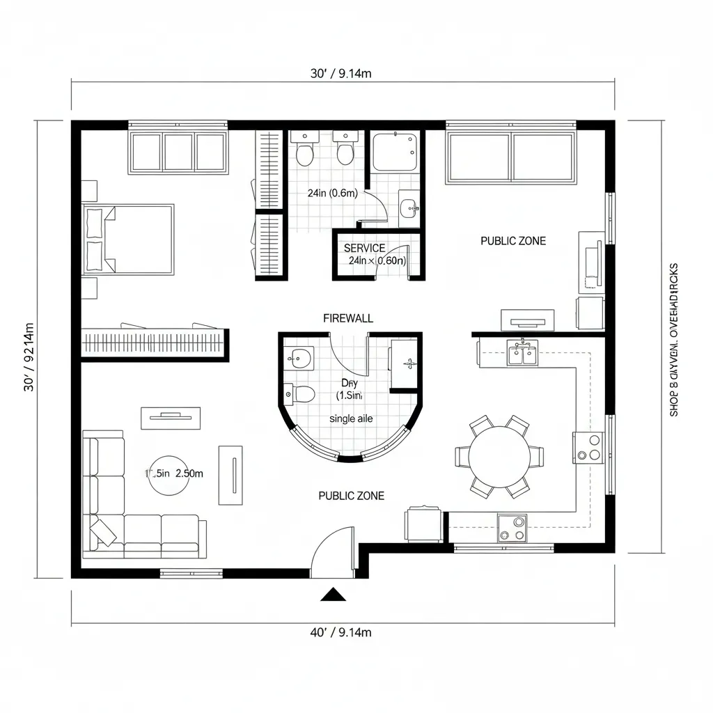 Top-down CAD plan with central service core and perimeter living and bedroom