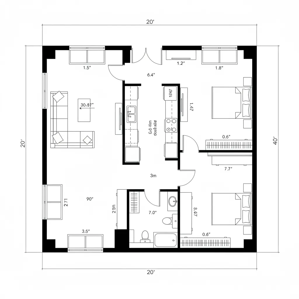 Top-down CAD plan showing central service spine with living and bedroom on the perimeter