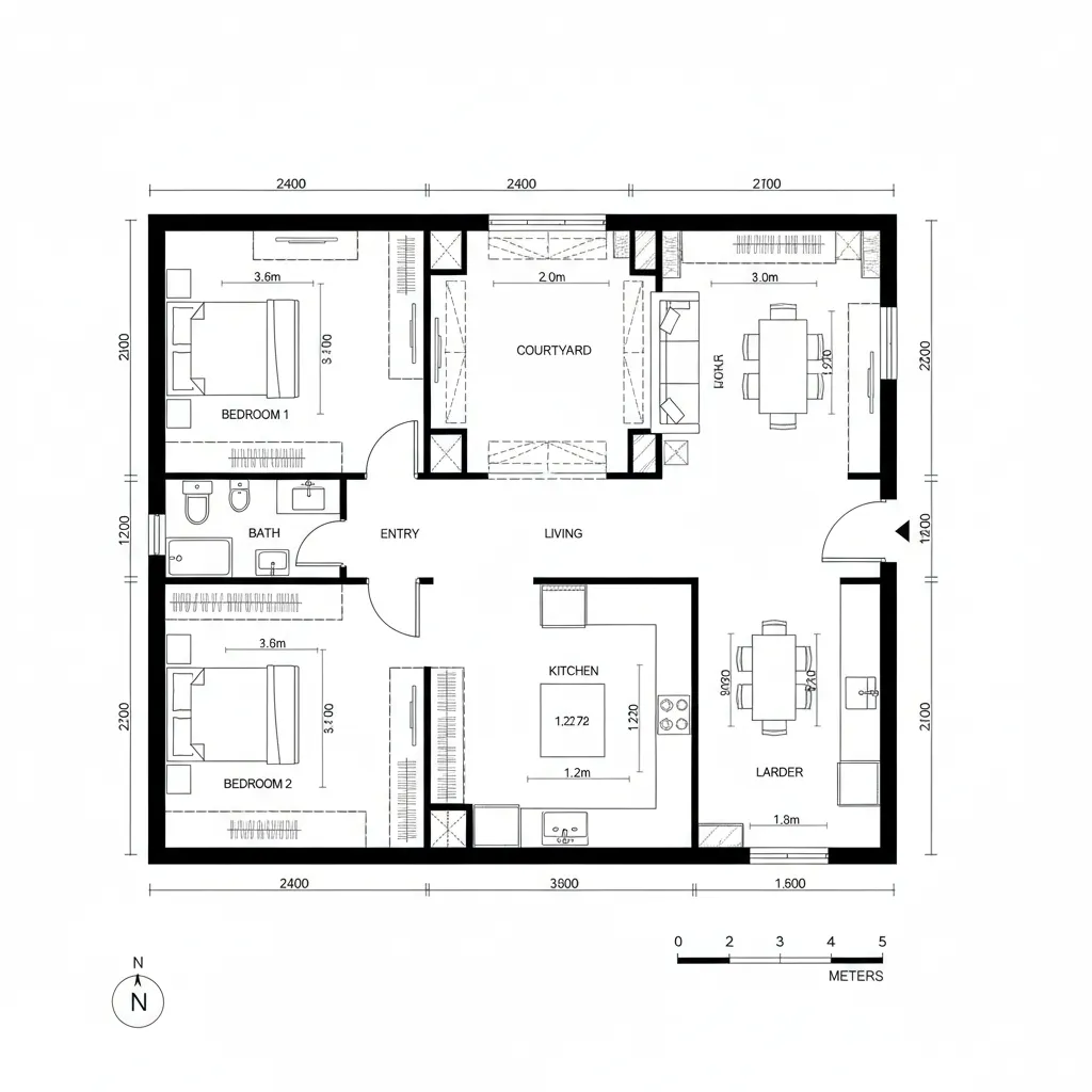 Top-down CAD plan with east entry, central courtyard, south kitchen, and west bedroom stack