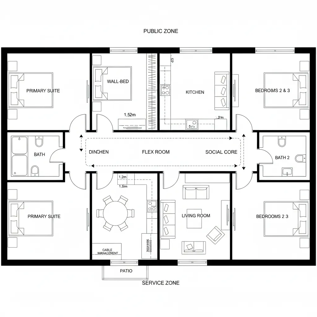 Floor plan with central flex room bridging private and social zones