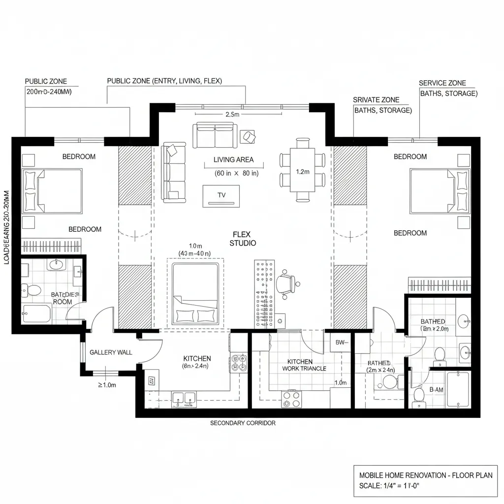 2D CAD plan with a central flex studio using sliding partitions between entry, living, and bedrooms