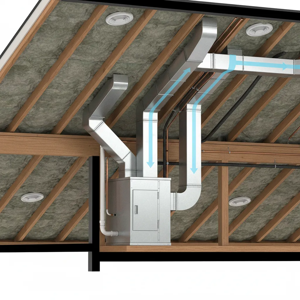 Central heat pump ductwork layout in a small house attic