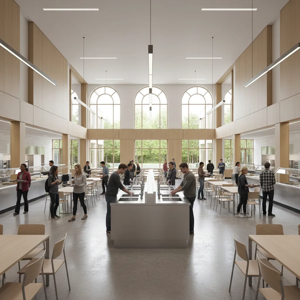 central island wash basin layout in large university dining hall