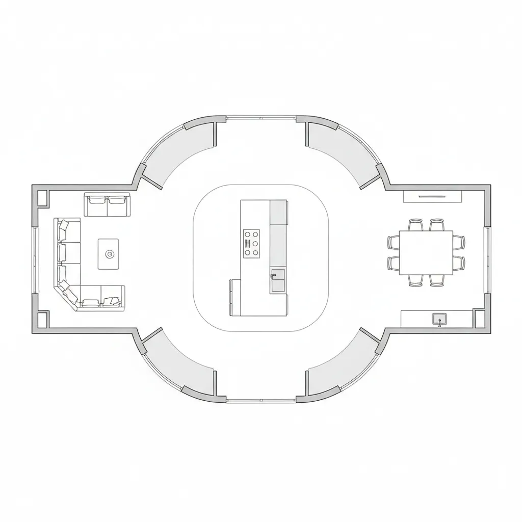Floor plan showing circulation around a central kitchen island