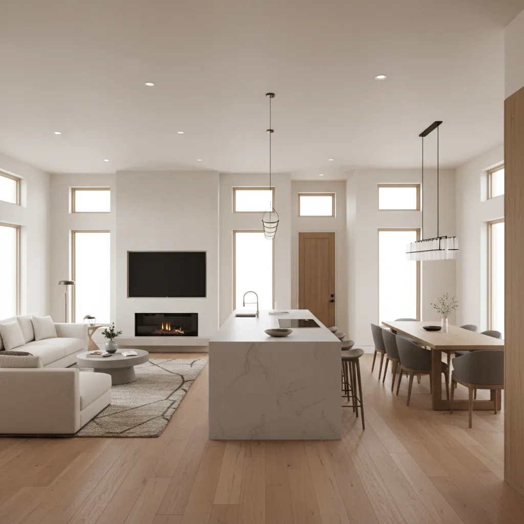 Central kitchen layout connecting living room and dining space