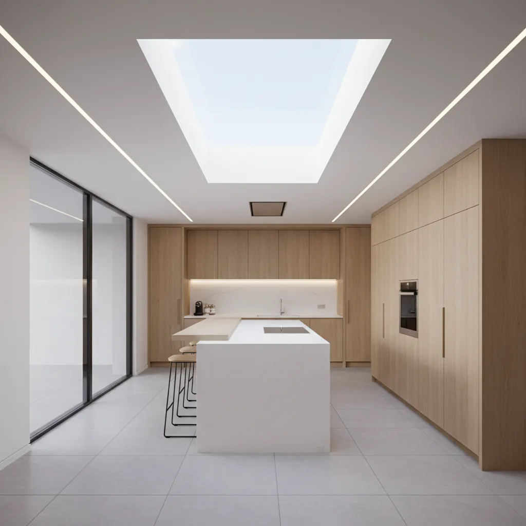 Central kitchen with skylight bringing daylight into the middle of the home