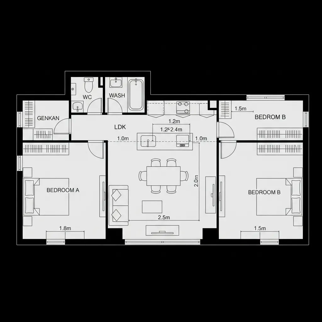 リビング中央核＋寝室両端