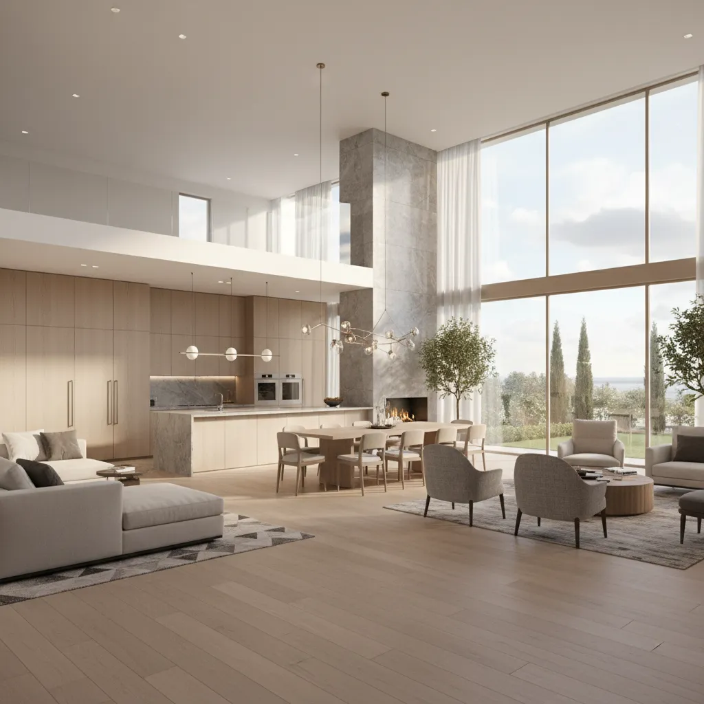 Open central living hub connecting kitchen dining and family room in large house