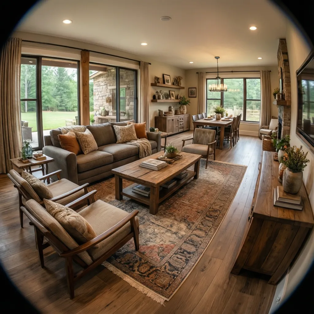 Central living zone furniture layout with dining table placed along wall in small ranch home
