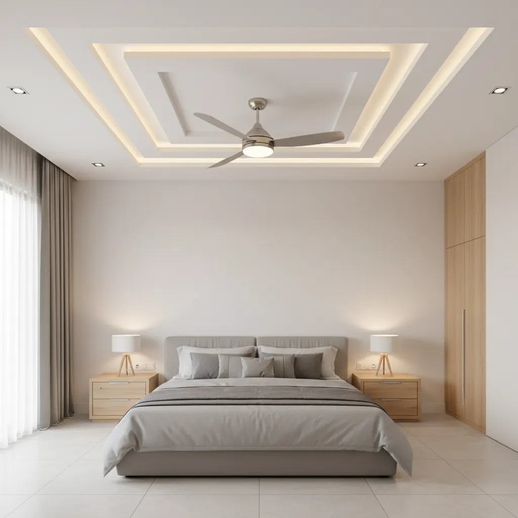 Bedroom ceiling with central square POP panel around ceiling fan