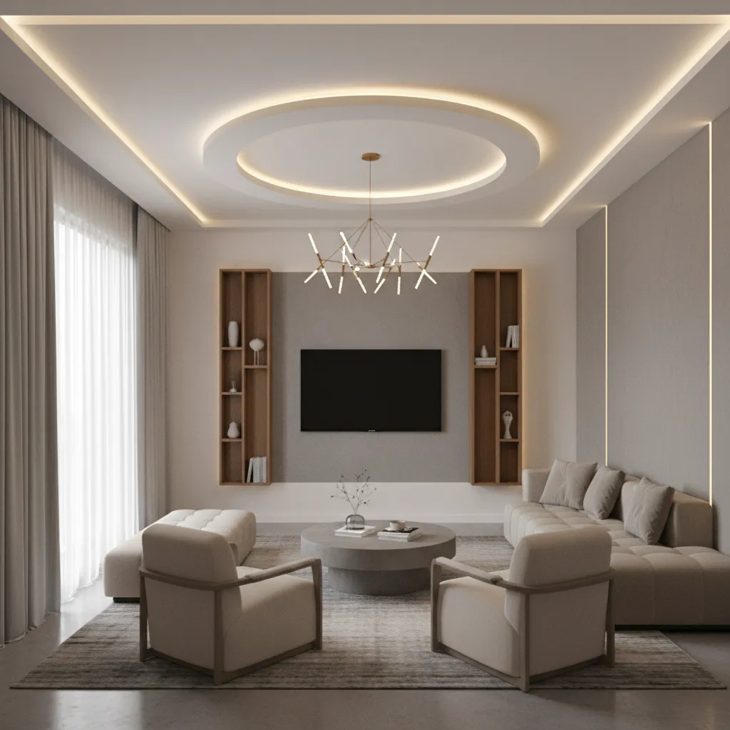 central pop ceiling panel with pendant light in small living room