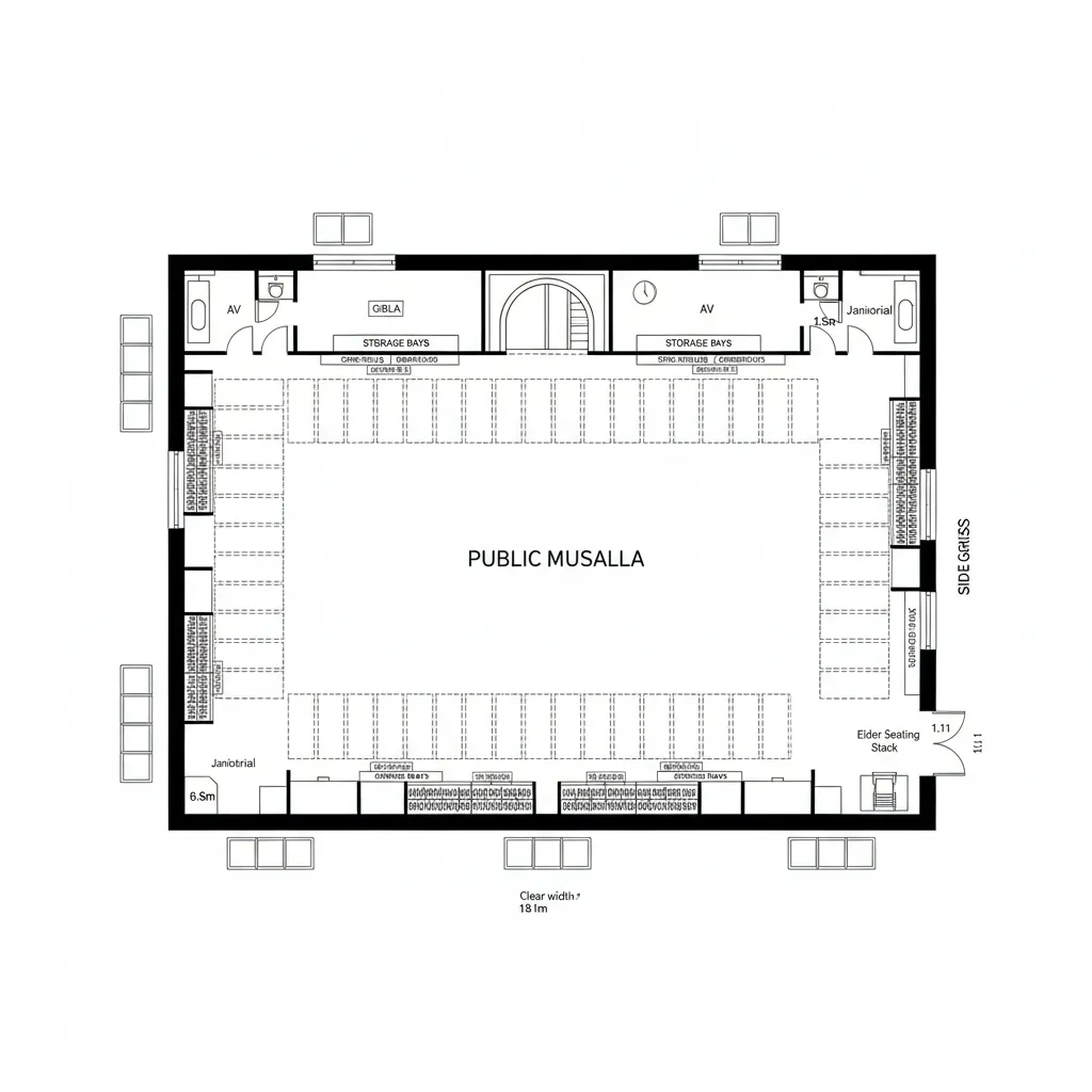 Top-down CAD plan of a rectangular musalla with clear qibla wall and integrated storage
