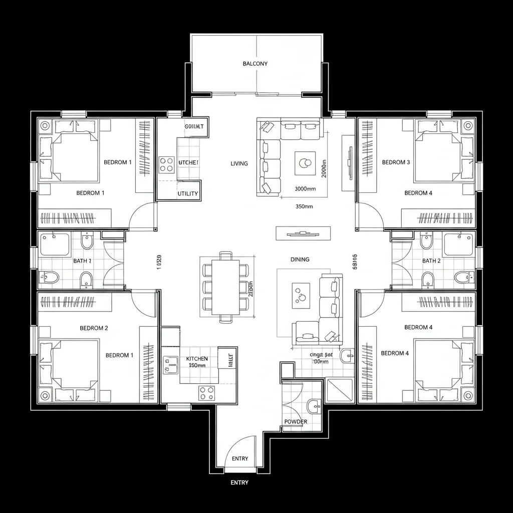 Detailed floor plan drawing of a four bedroom apartment with central living and dining room layout