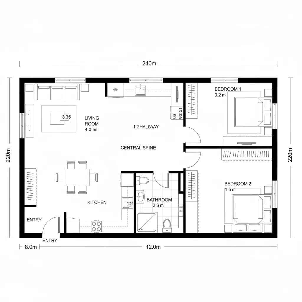Two bedroom apartment floor plan showing living room kitchen bathroom and central hallway with measurements