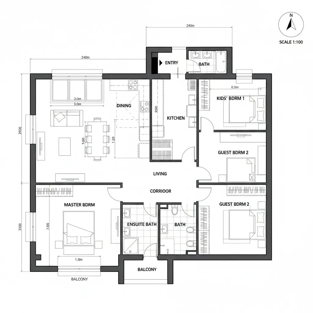Detailed floor plan layout showing a master bedroom guest rooms kitchen living area and balcony