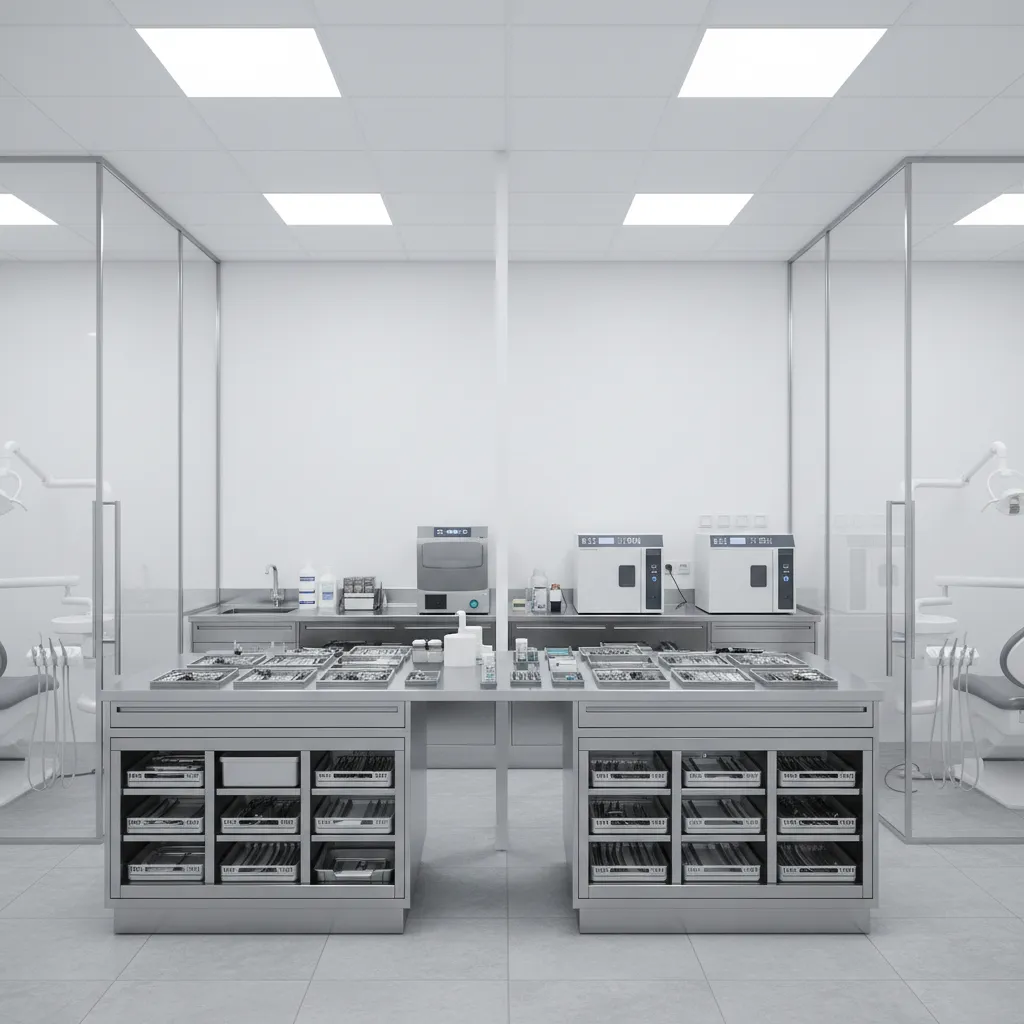 central sterilization area between dental operatories in clinic design