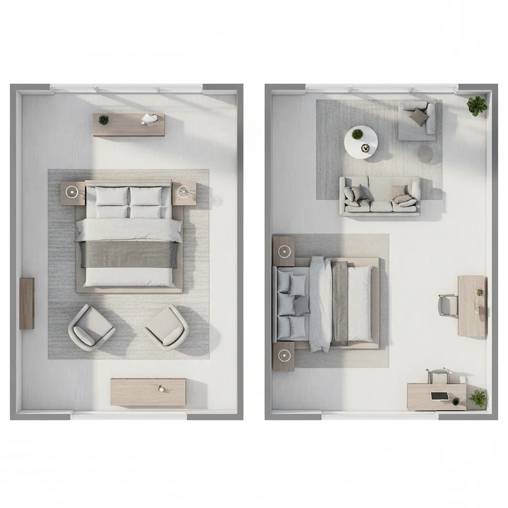 Comparison style bedroom layout with central bed versus wall aligned bed arrangement