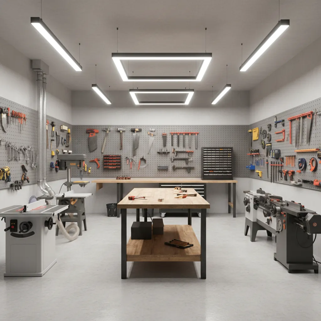 central island workbench layout in a large garage workshop