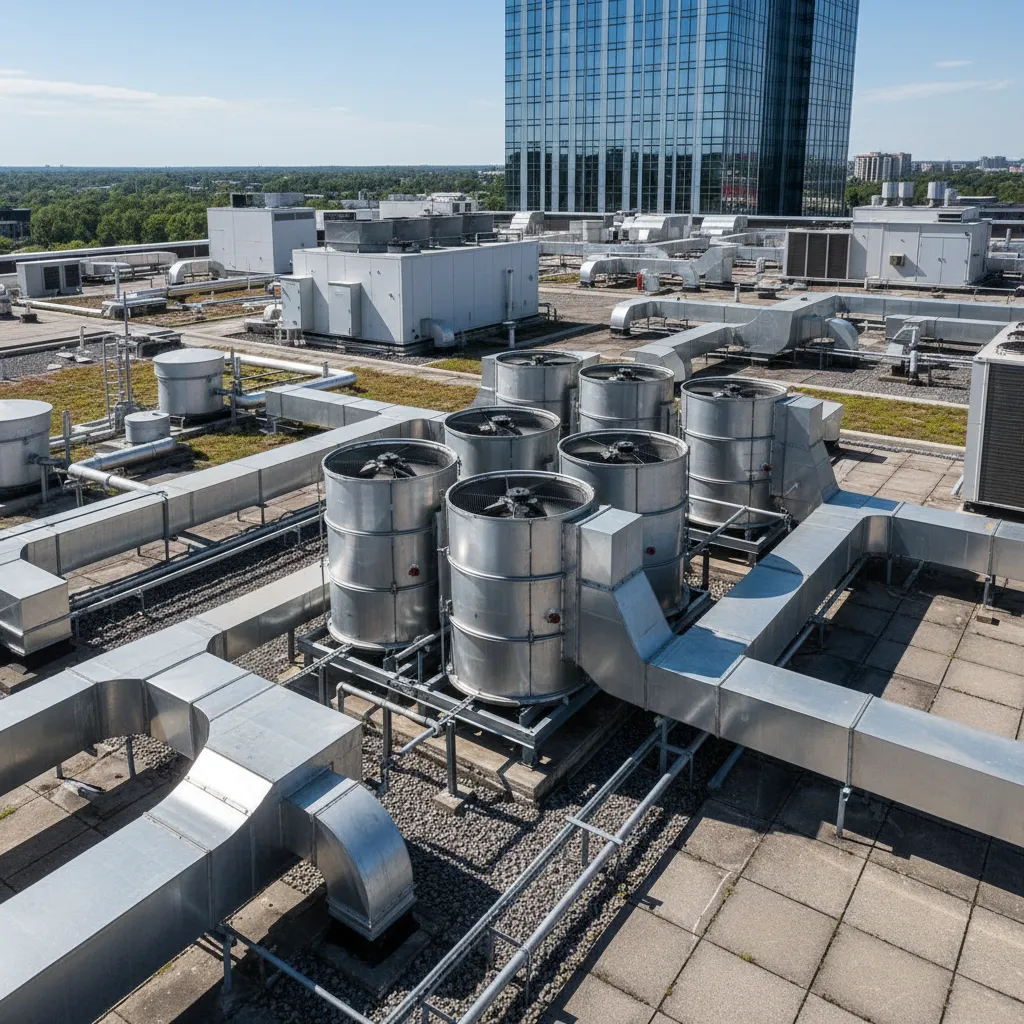 Centralized rooftop bathroom exhaust fan system with duct connections