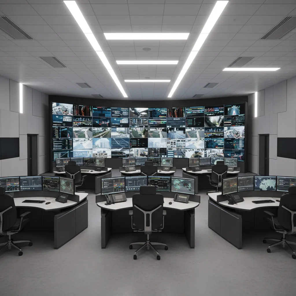 Large centralized dispatch control room with operator consoles facing a data display wall