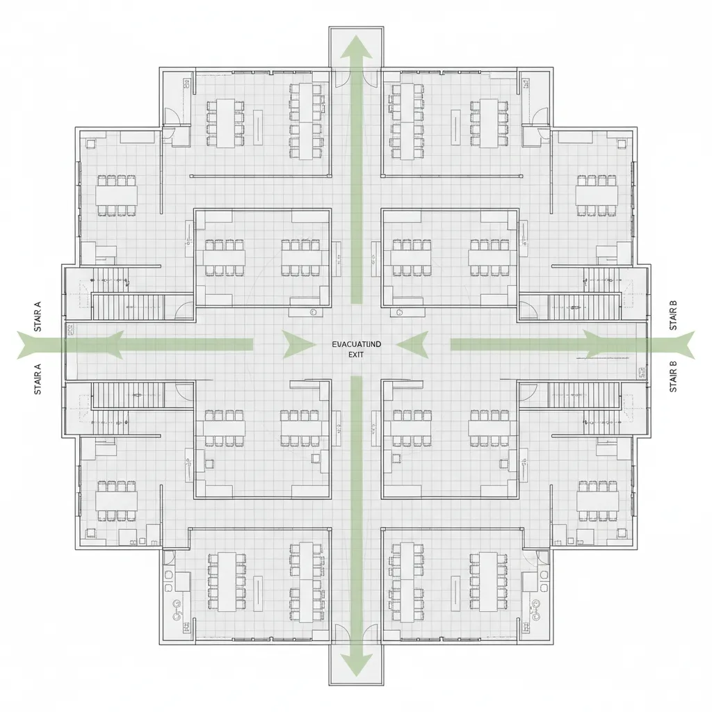 Centralized exit layout with corridors leading to central stair core