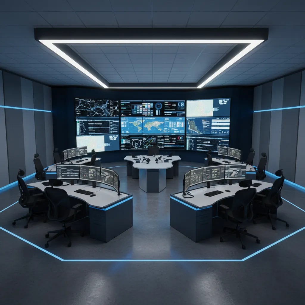 centralized emergency operations center layout with command desk facing large display wall