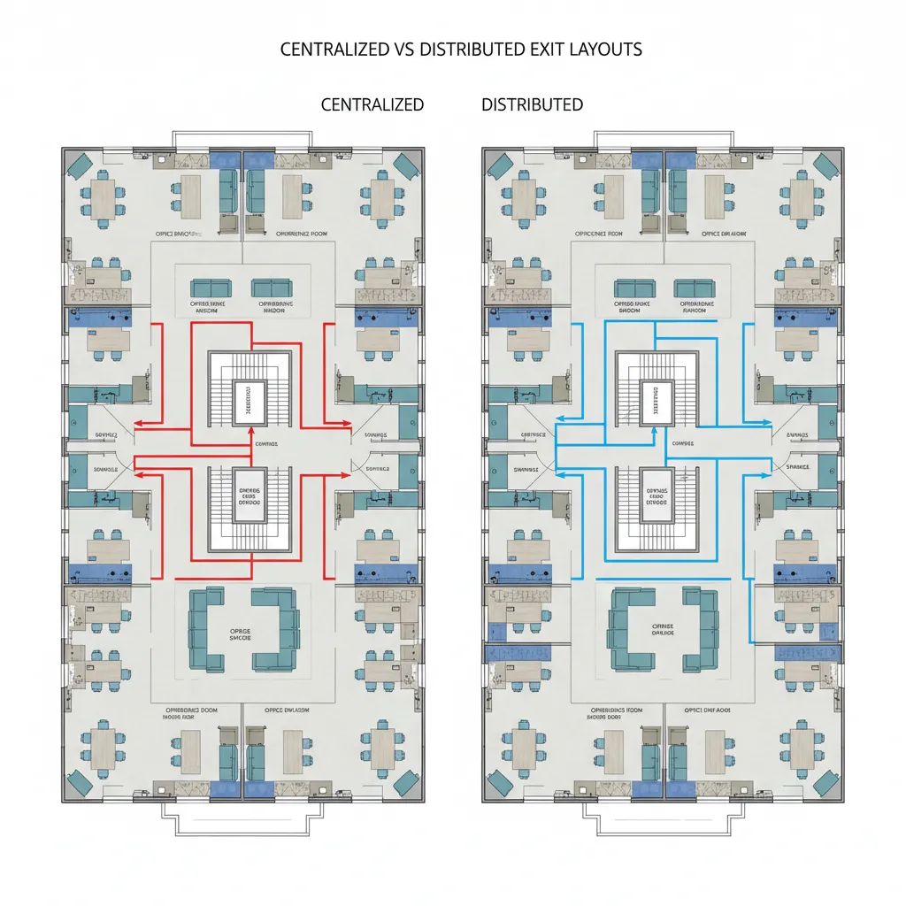 Centralized vs Distributed Exit Layouts in 2D Floor Plans