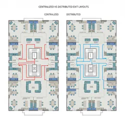 Centralized vs Distributed Exit Layouts in 2D Floor Plans