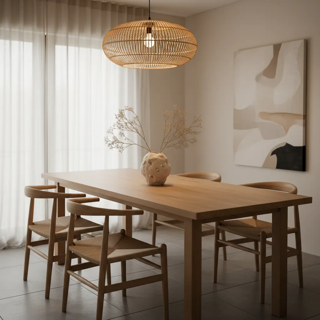 Decoración minimalista sobre mesa de comedor con jarrón