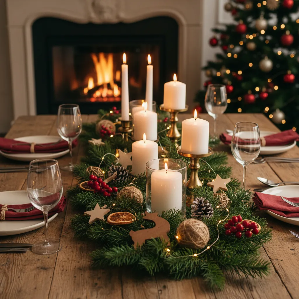 Mesa de comedor con centro de mesa navideño natural