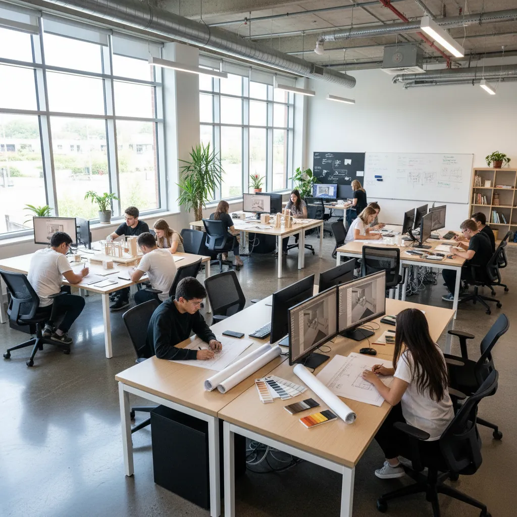 Modern interior design studio with people working on computers and floor plans at large tables