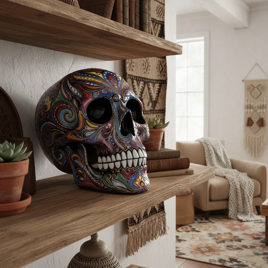 colorful ceramic skull decoration in artistic interior setting