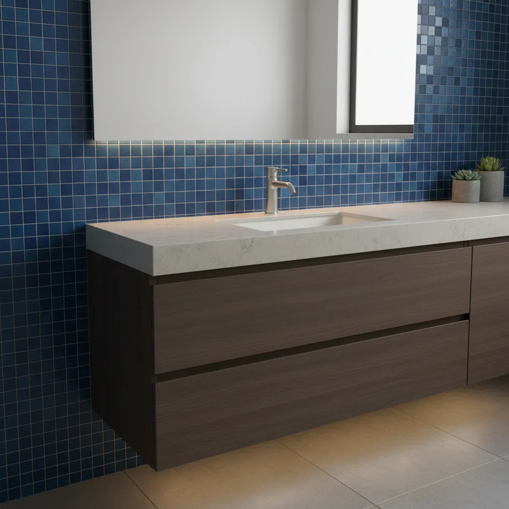 Ceramic blue mosaic tile backsplash behind bathroom sink