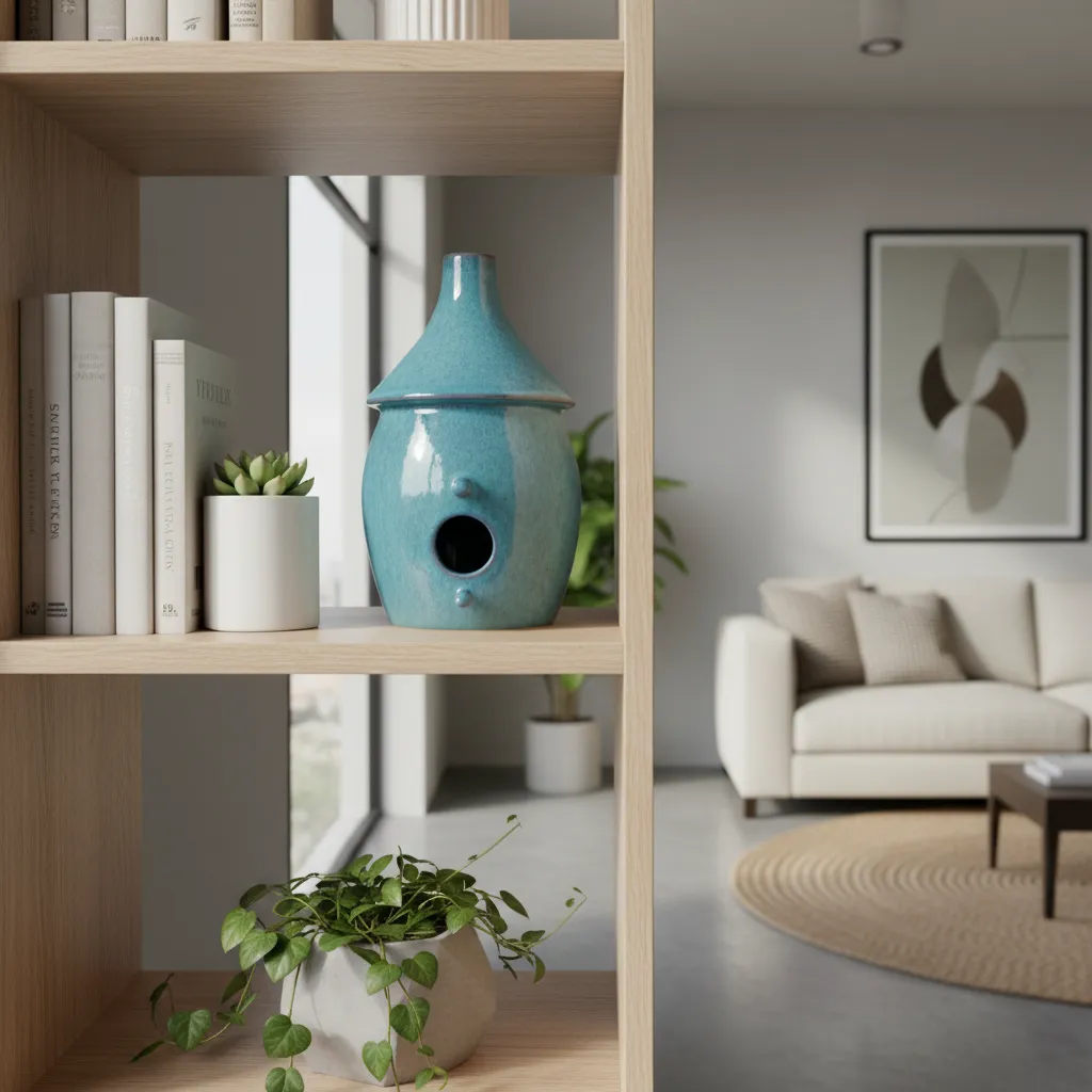 Colorful ceramic decorative bird house on modern shelf display
